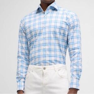 Peter Millar Cottage Blue Rex Plaid Cotton-Stretch Sport Shirt Button Up White
